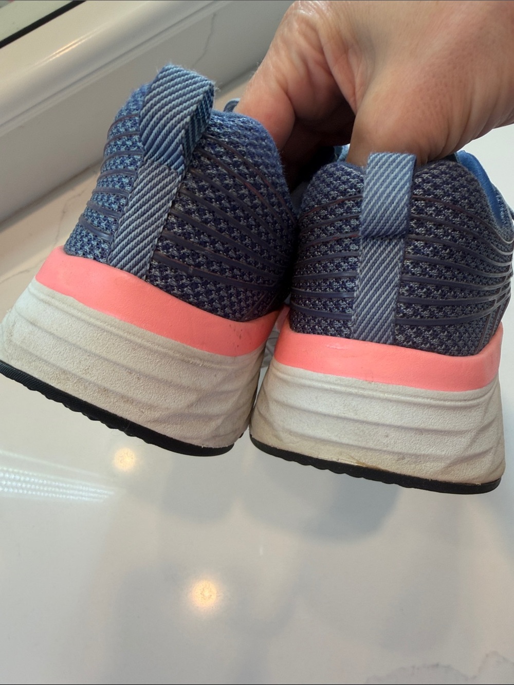 Skechers Women's Blue Knit Athletic Sneakers with Pink Midsole - Picture 7 of 17